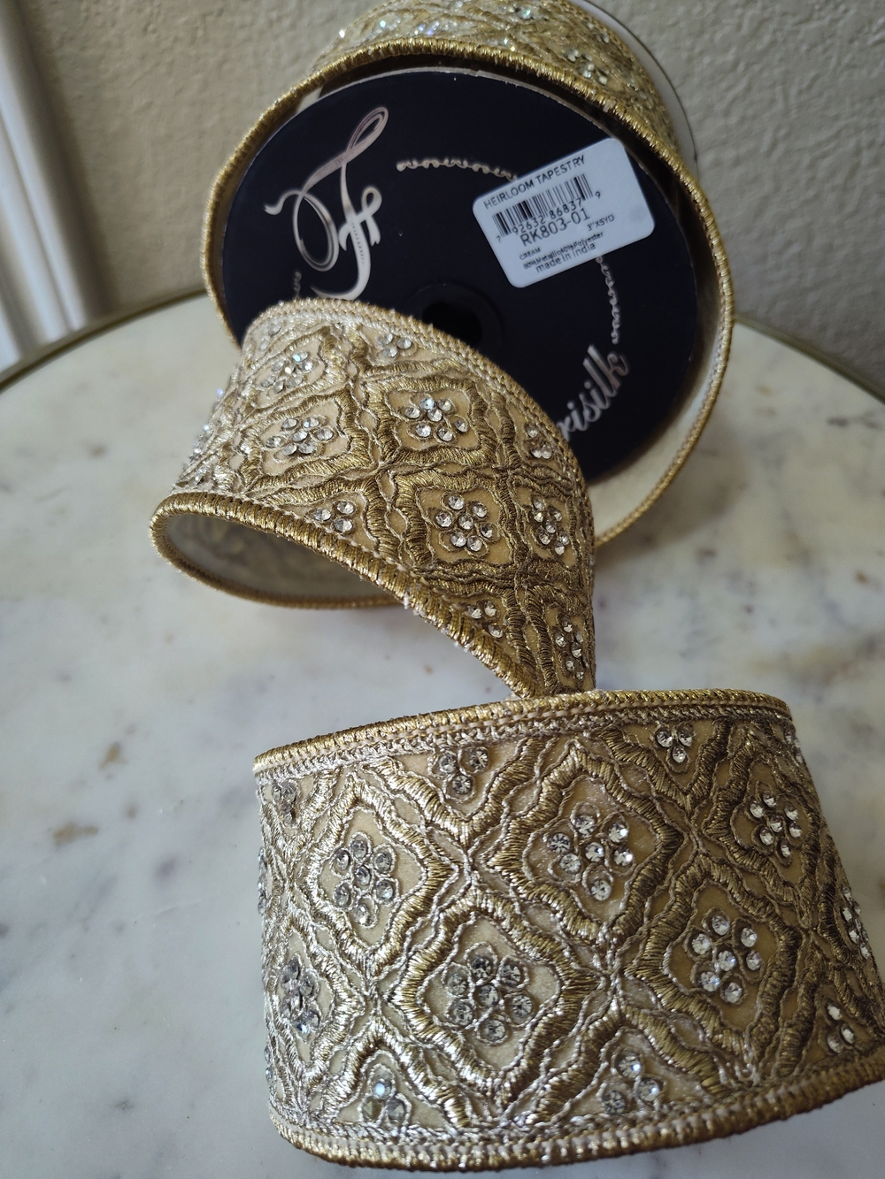 FARRISILK Heirloom WiredTapestry Rhinestone Wired Ribbon 3" x 5 Yards Cream Gold